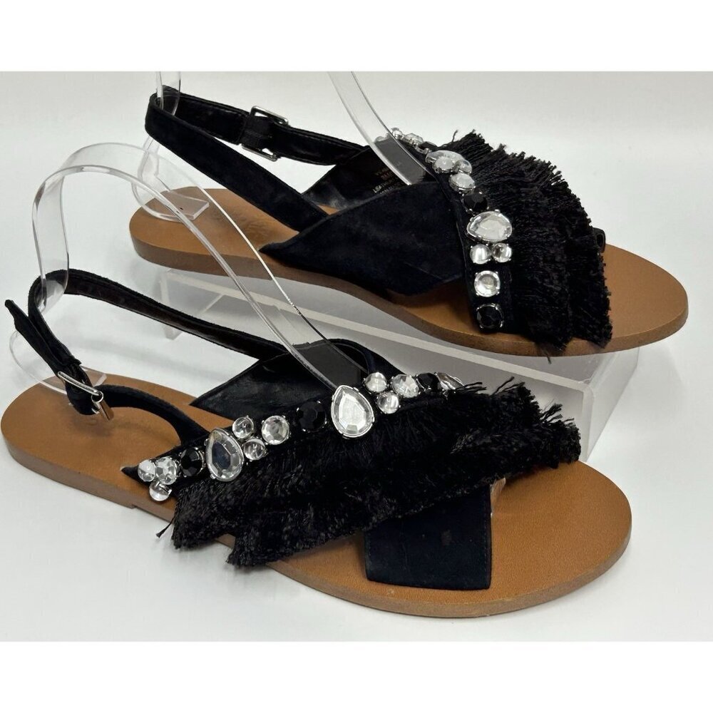 Vince Camuto Sandals Ampella 78M Gemstone Fringe Black Leather Suede Sling Back